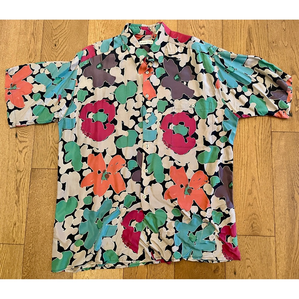 Burma Bibas Mens Large 100% Silk Abstract Geometric Floral Short Sleeve Shirt